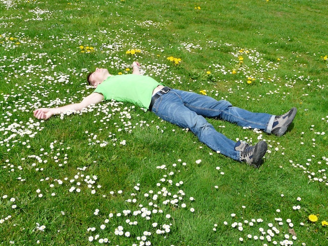 man laying down in a field of flowers